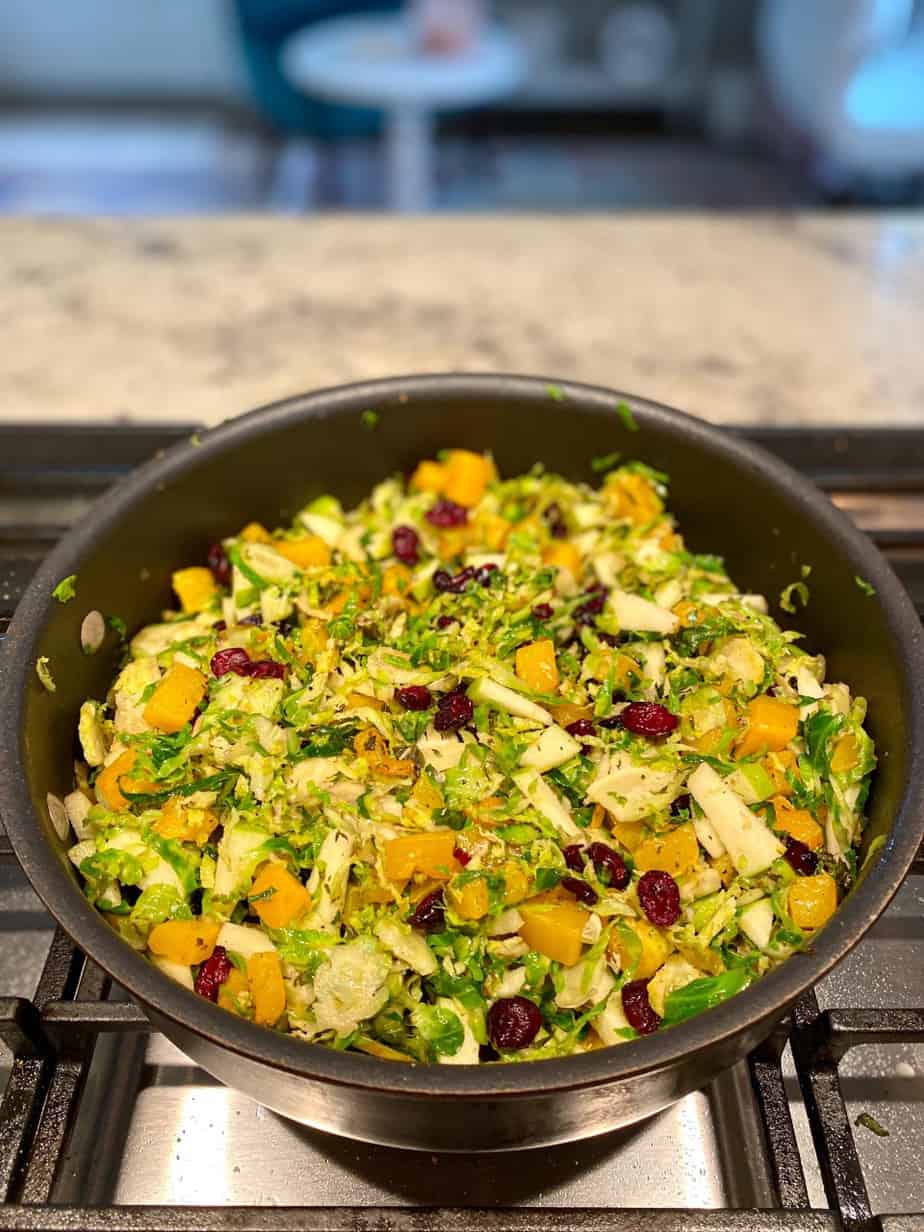 Butternut Squash and Brussels Sprouts Salad added to the skillet on the stovetop.