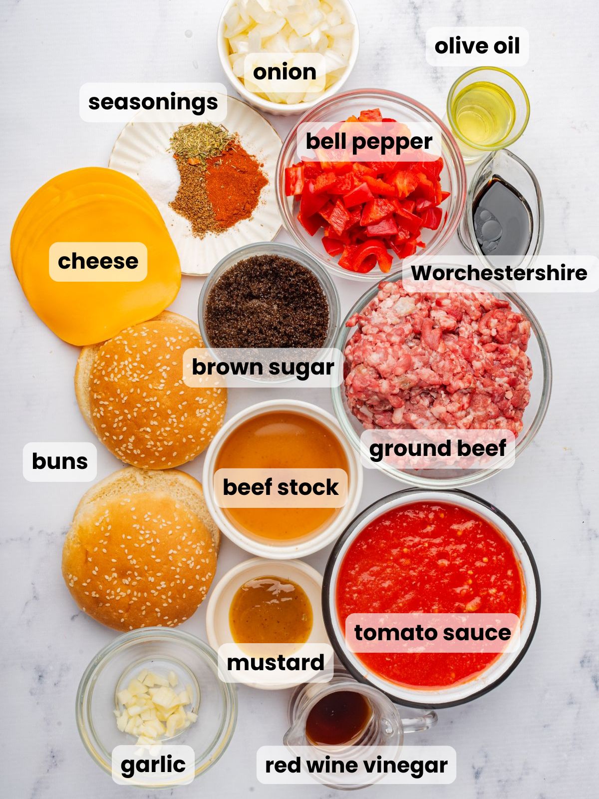 Ingredients needed to make this easy homemade sloppy joes recipe.