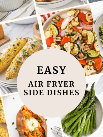 Multiple images of air fryer side dishes grouped together in a roundup.
