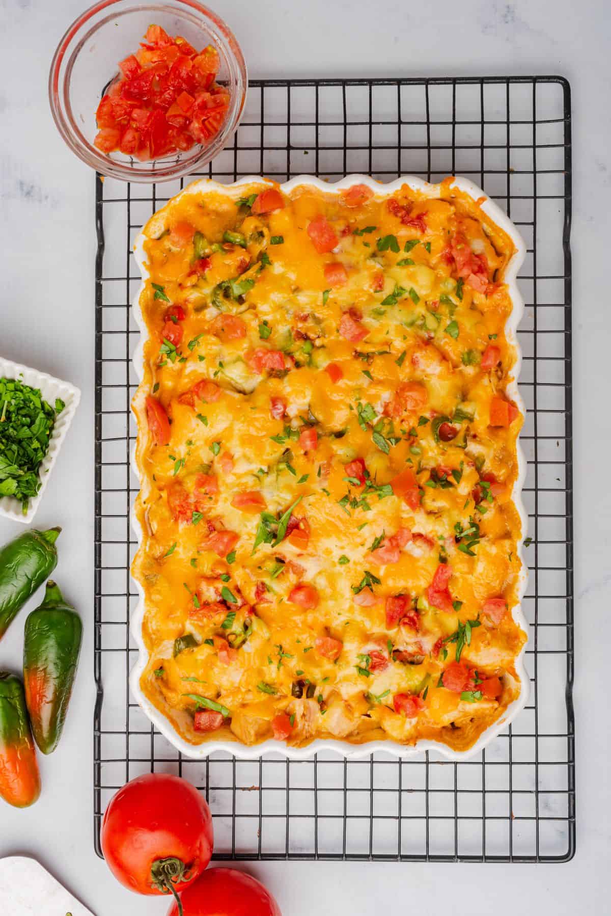 Baked king ranch casserole on a cooling rack.