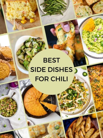 A collage of side dishes for chili and recipes for what to serve with chili.