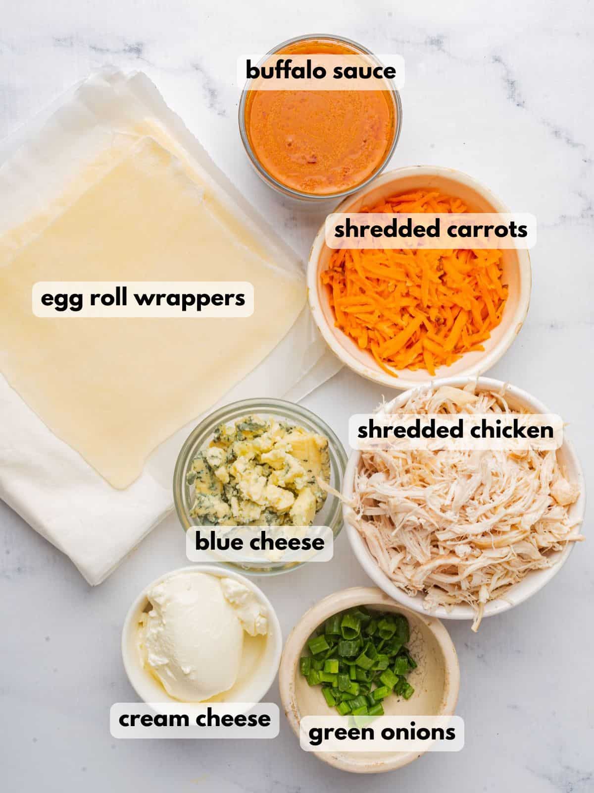 Ingredients needed to make buffalo chicken egg rolls in the air fryer.