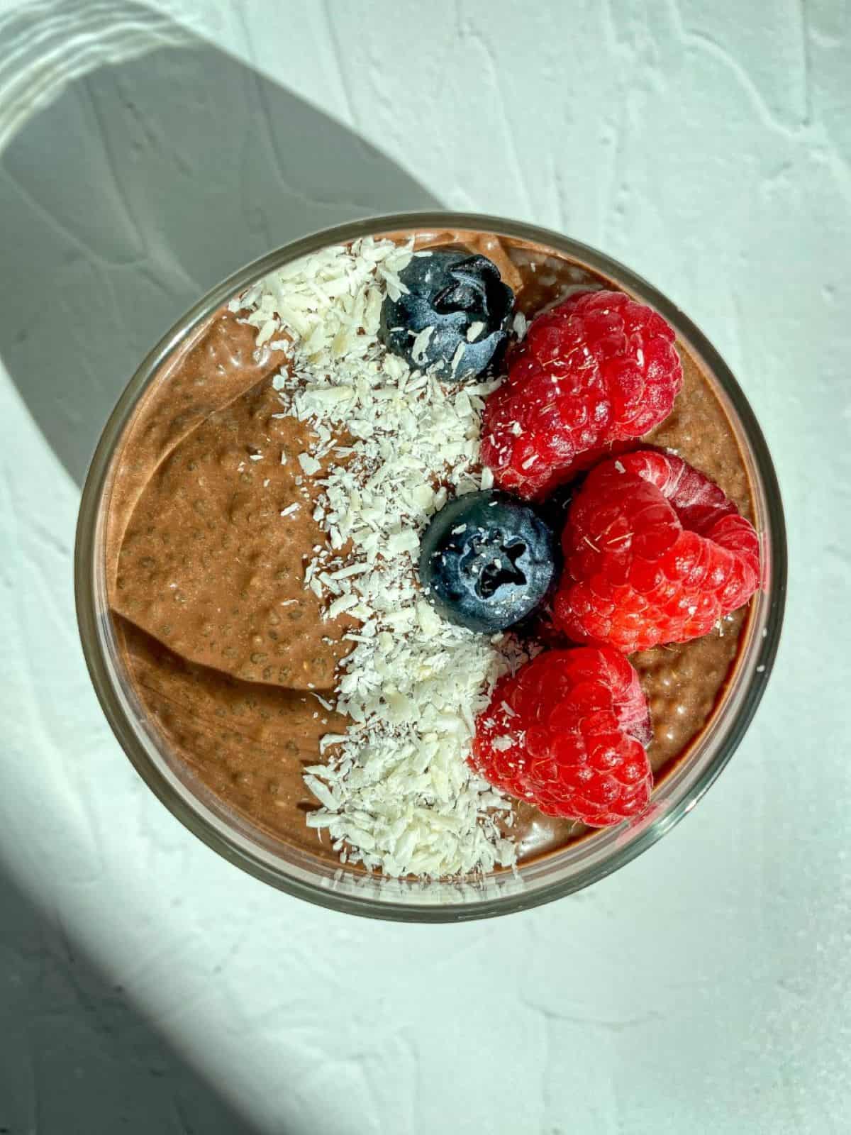 Chocolate Chia Seed Pudding in a bowl with fresh berries and shredded coconut flakes.