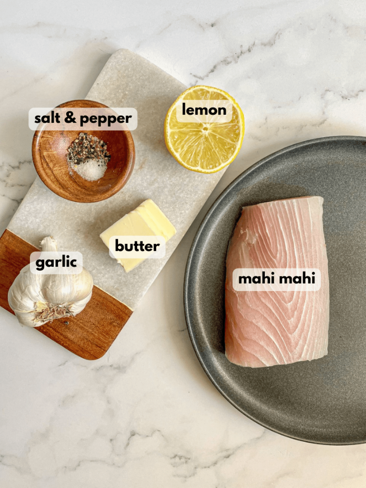 Ingredients needed to make this recipe: fish fillet, lemon, garlic, butter, salt and pepper.