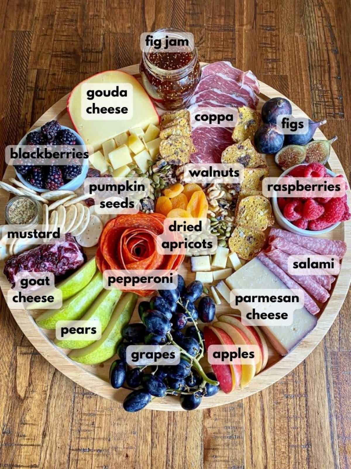 A large round wooden board full of cheese, meat, and fruit. Each ingredient is labeled with black text.