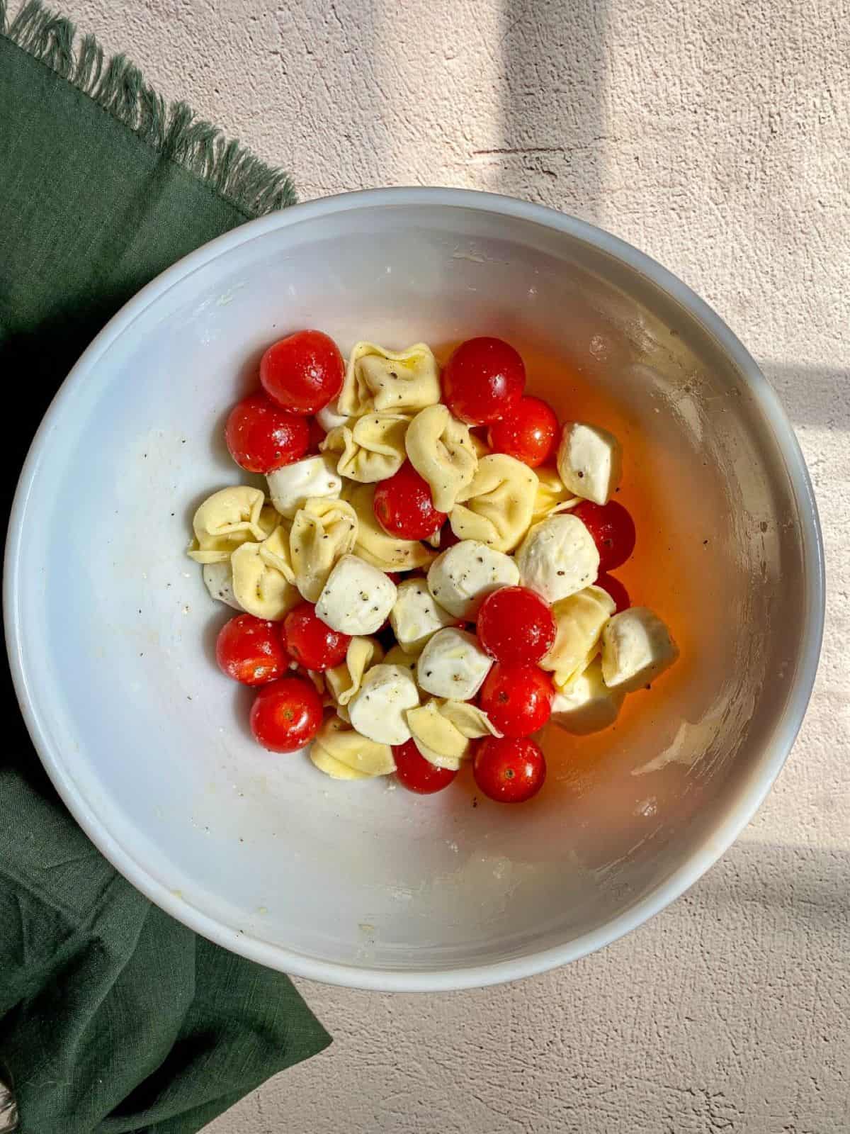 Cooked and chilled tortellini with tomatoes and mozzarella marinating in olive oil mixture in a medium sized bowl.