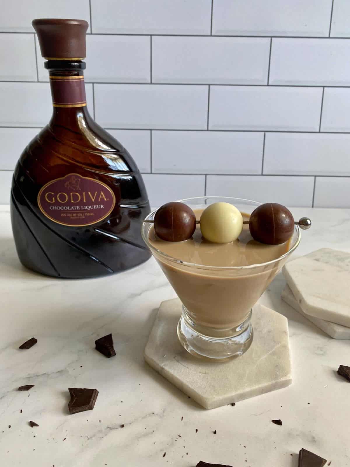 Chocolate Martini with Godiva liqueur and chocolate candy garnish.