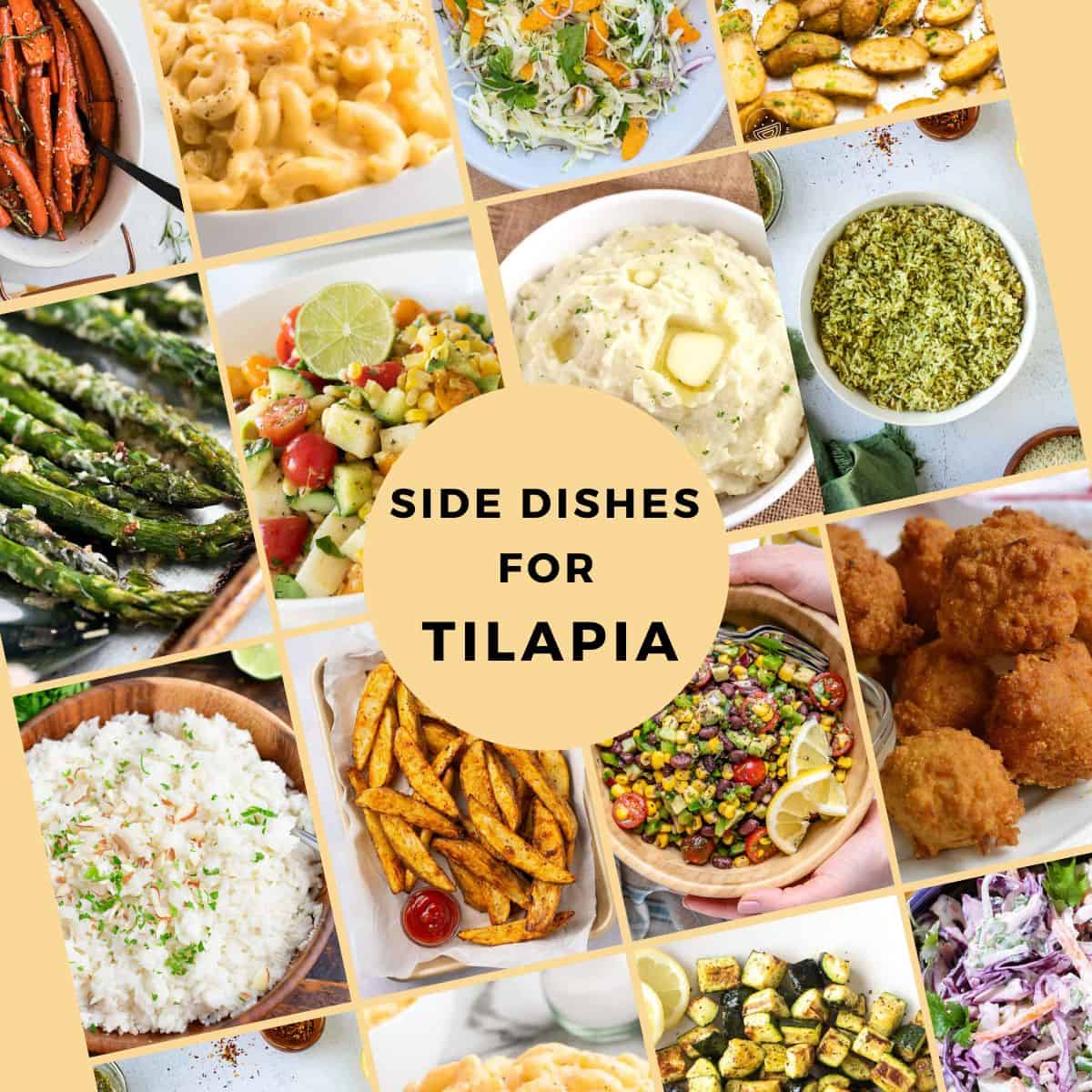 A collection of images of side dishes for tilapia. Multiple tilapia sides include vegetables, salad, slaw, and potatoes.