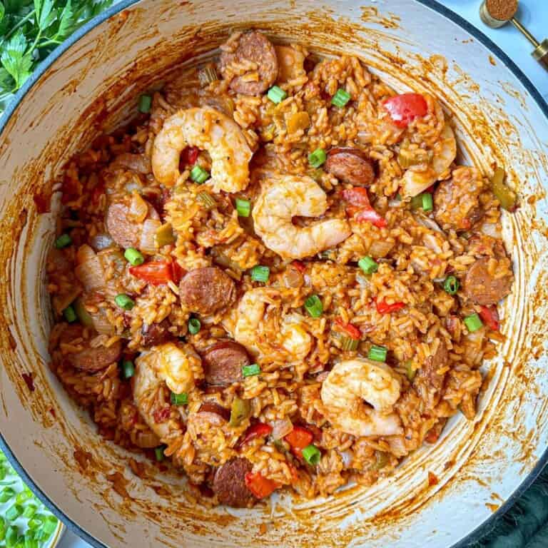 Dutch oven jambalaya with sausage and shrimp.