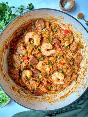 Dutch oven jambalaya with sausage and shrimp.