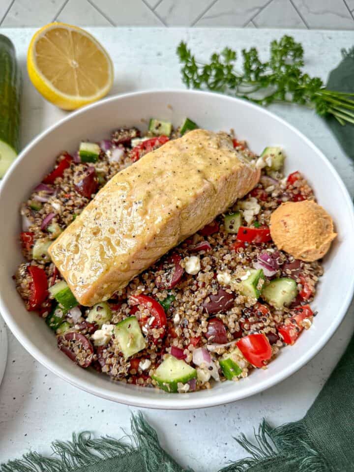 Greek Salmon Quinoa Bowl Happy Honey Kitchen