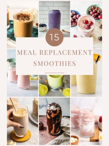 Nine framed images of meal replacement smoothies. A variety of smoothie recipes, flavors, and colors.