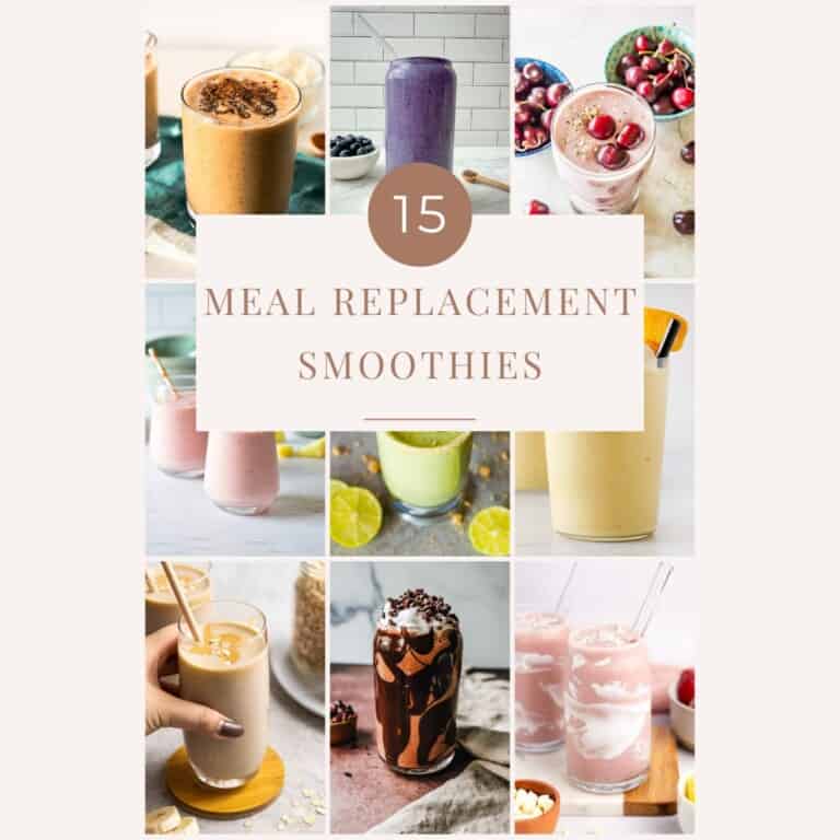 Nine framed images of meal replacement smoothies. A variety of smoothie recipes, flavors, and colors.