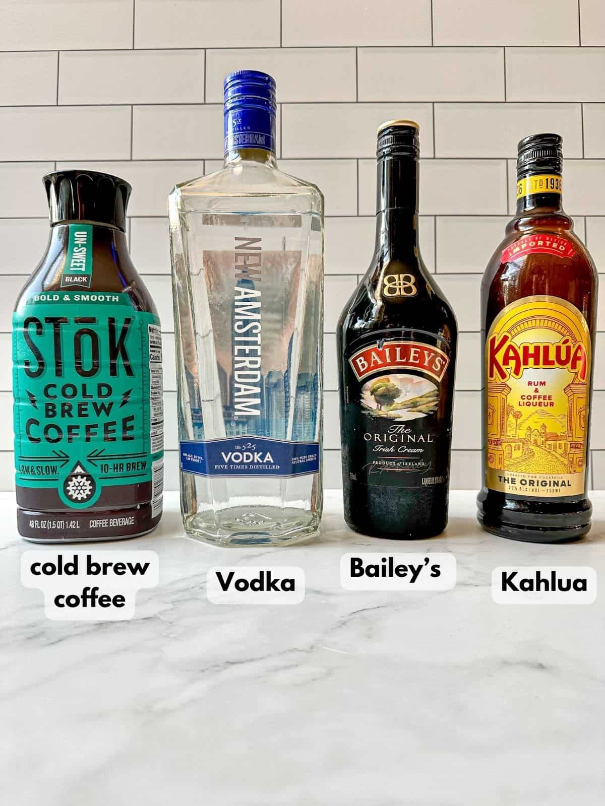 Ingredients needed to make a cold brew coffee martini with Baileys recipe.