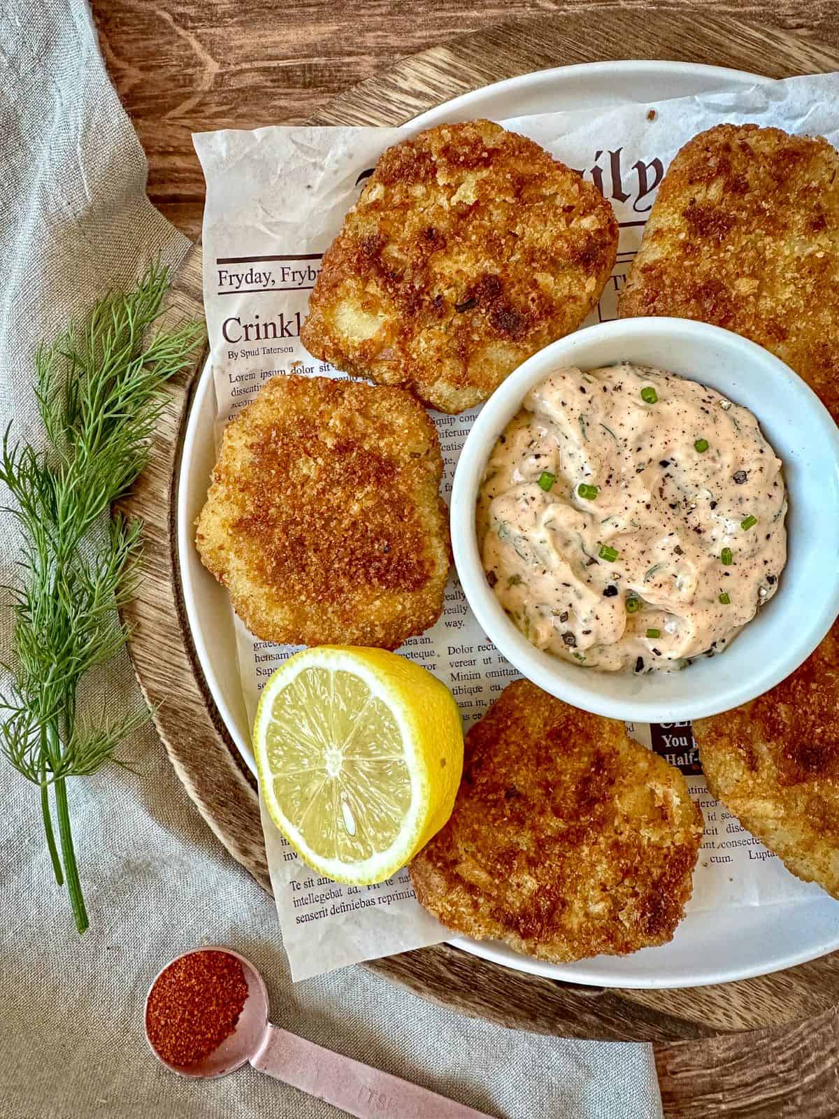 Creamy and spicy tartar sauce in a dipping bowl on a plate with fish. A spoon of Cajun seasoning and fresh dill are next to the plate.