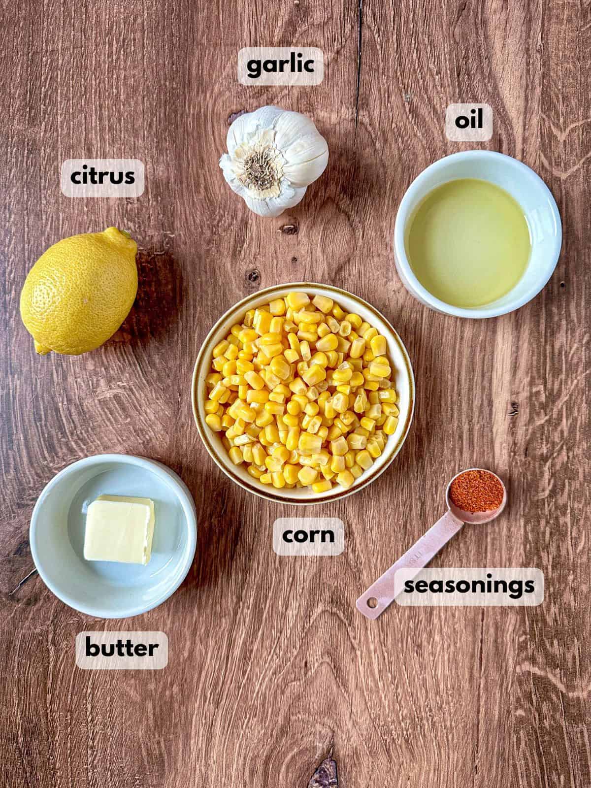 Ingredients needed to make a charred corn recipe.