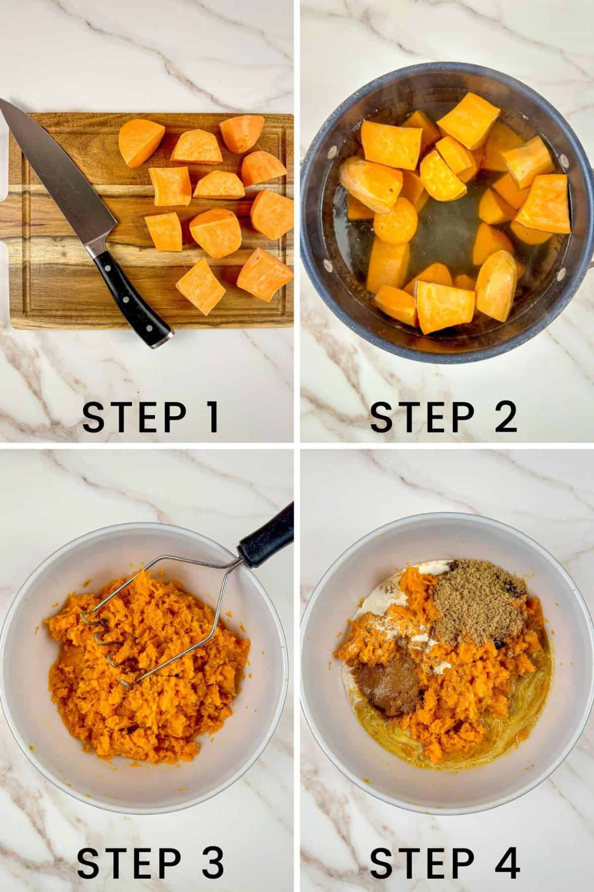 Sweet potatoes on a cutting board with a knife, in a pot of boiling water, and mashed with a potato masher in a mixing bowl.