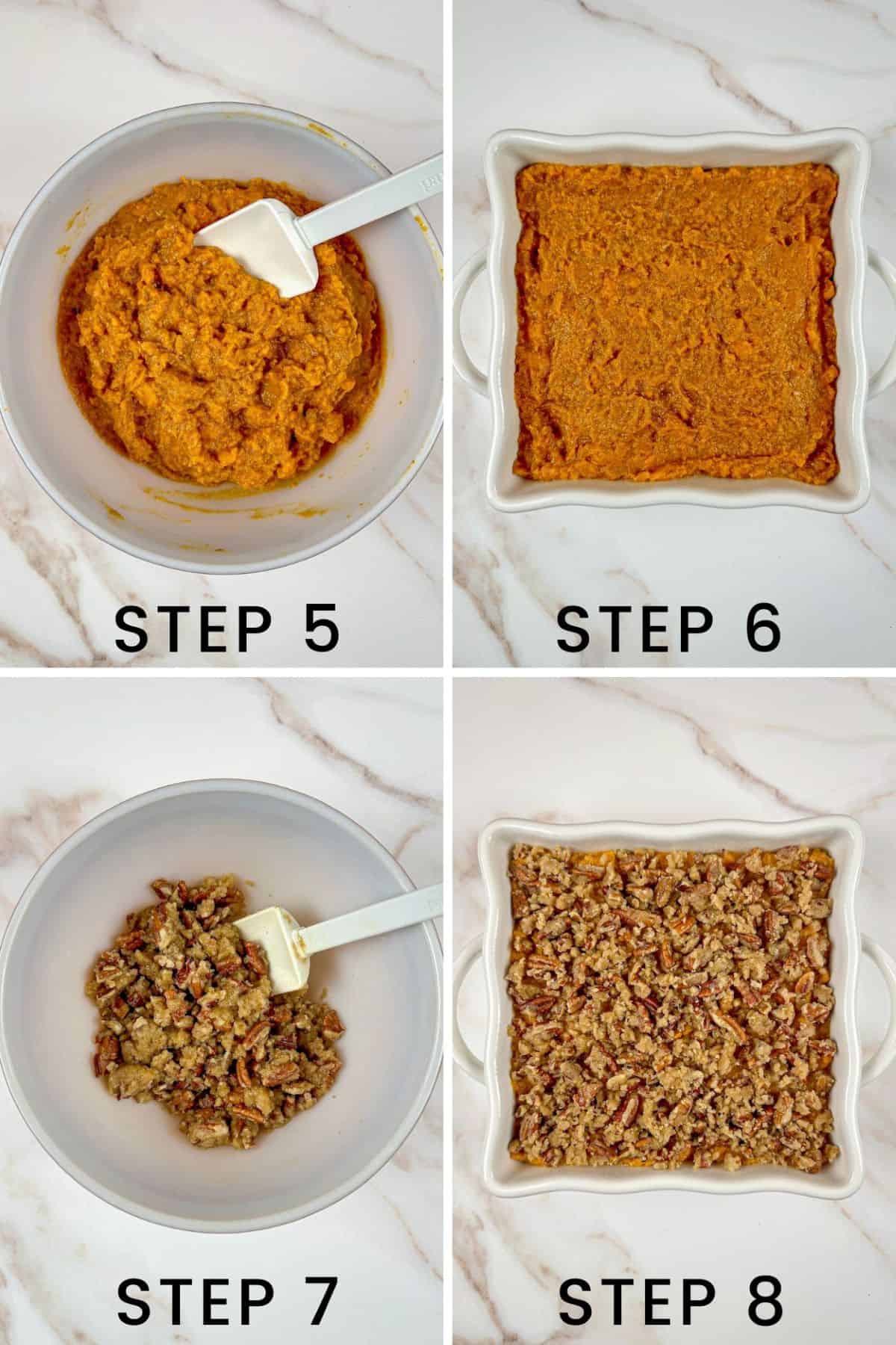 Mashed sweet potatoes in a mixing bowl, in a casserole dish, and with a brown sugar pecan topping.