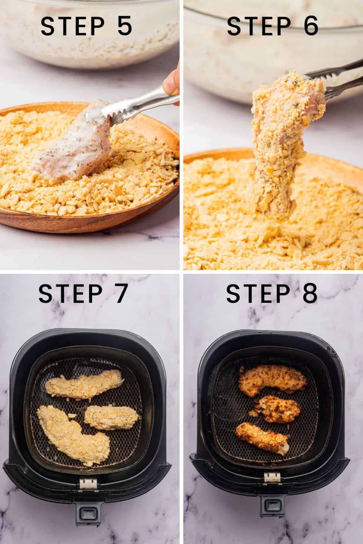 Step by step instructions on how to bread and cook Cheez-It chicken in the air fryer.