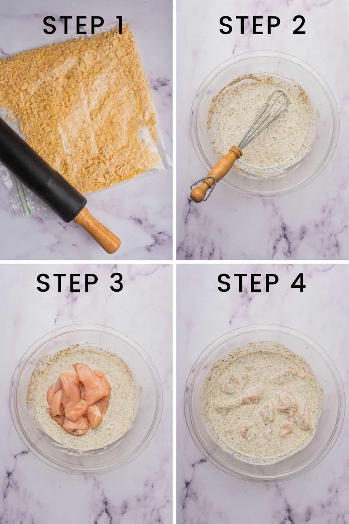 Step by step instructions on how to marinate and make breaded cheesy chicken.