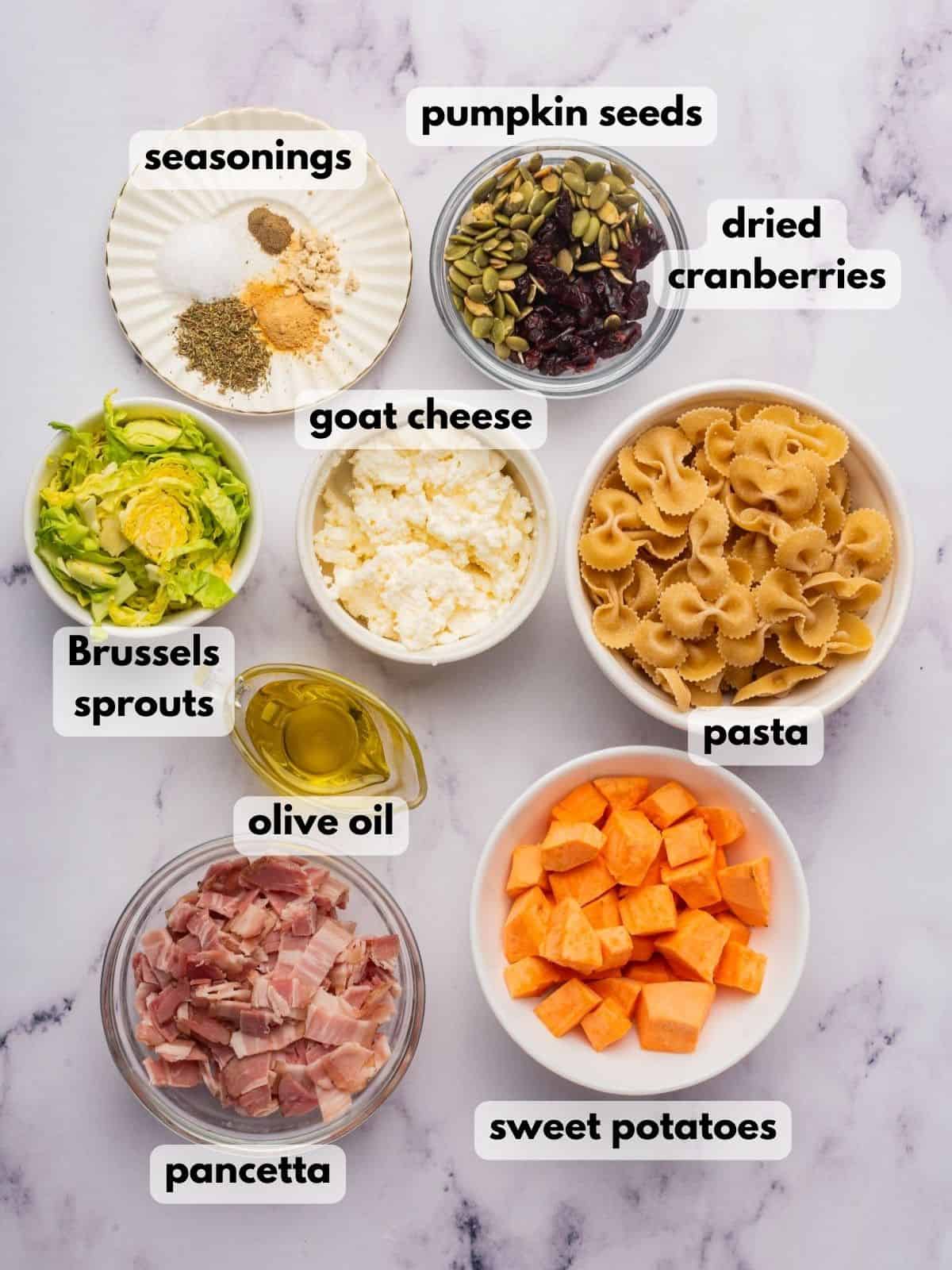 Autumn pasta salad ingredients in bowls on a marble countertop.