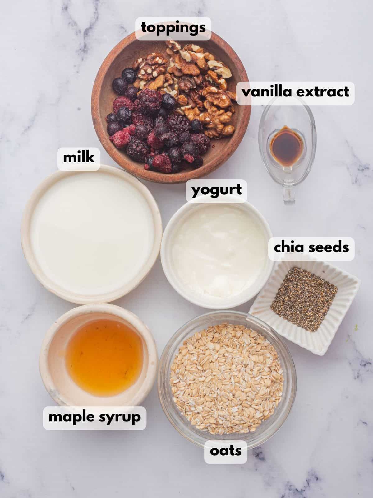 Ingredients needed to make vanilla flavored overnight oats with chia seeds and yogurt.