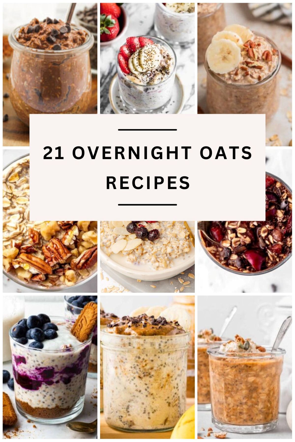 A collection of images of overnight oats recipes and flavors.