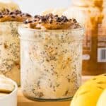 Almond butter overnight oats in a jar.