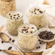 Three cookie dough overnight oats recipes in jars.