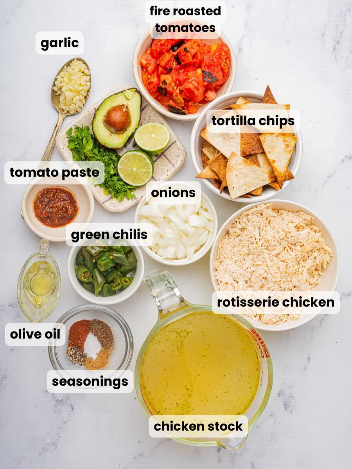 Ingredients needed to make this tortilla soup with rotisserie chicken recipe.