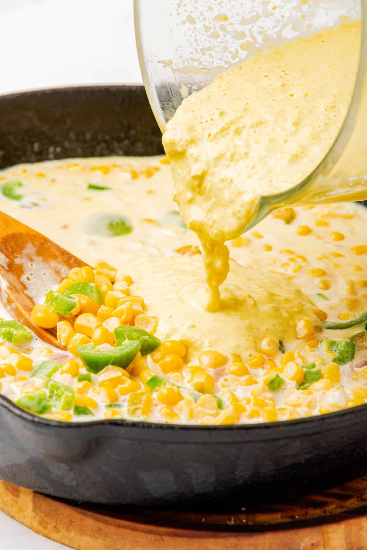 Blended jalapeno creamed corn poured back into the skillet.