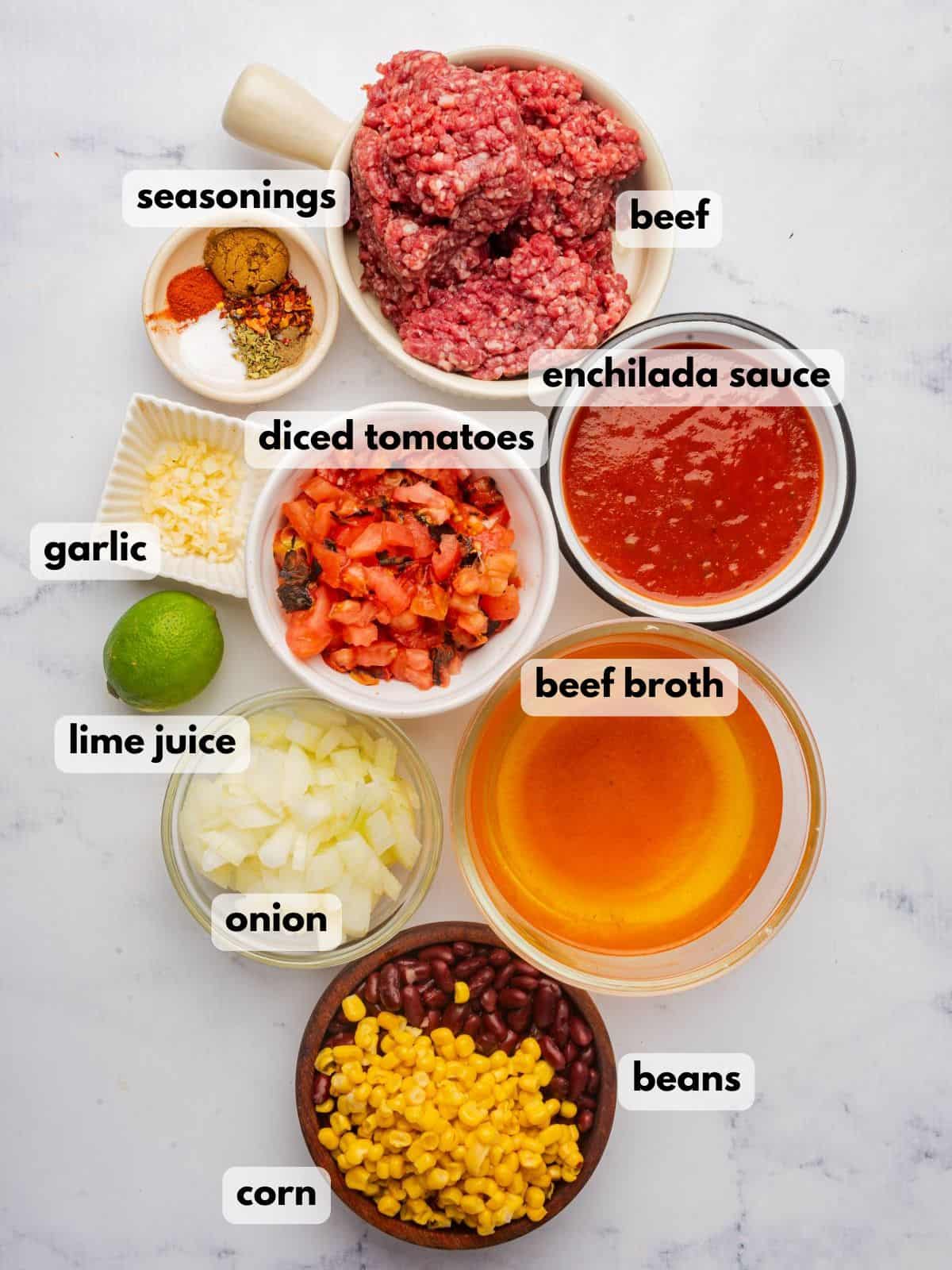 Ingredients needed to make this beef enchilada soup recipe.