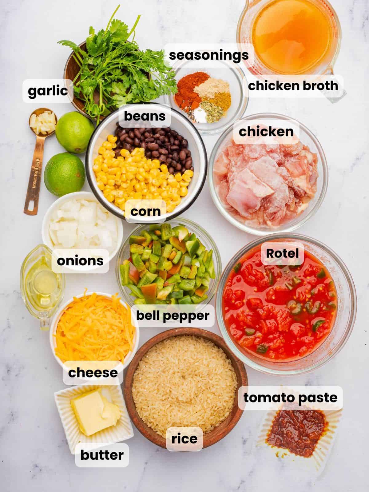 Ingredients needed to make Mexican chicken cheese and rice.
