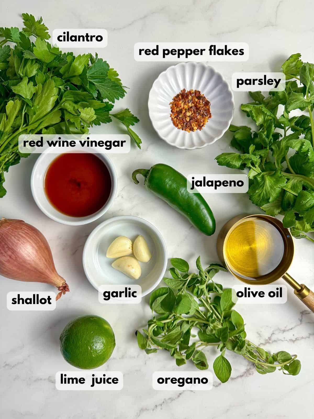 Ingredients needed to make this spicy chimichurri sauce recipe.