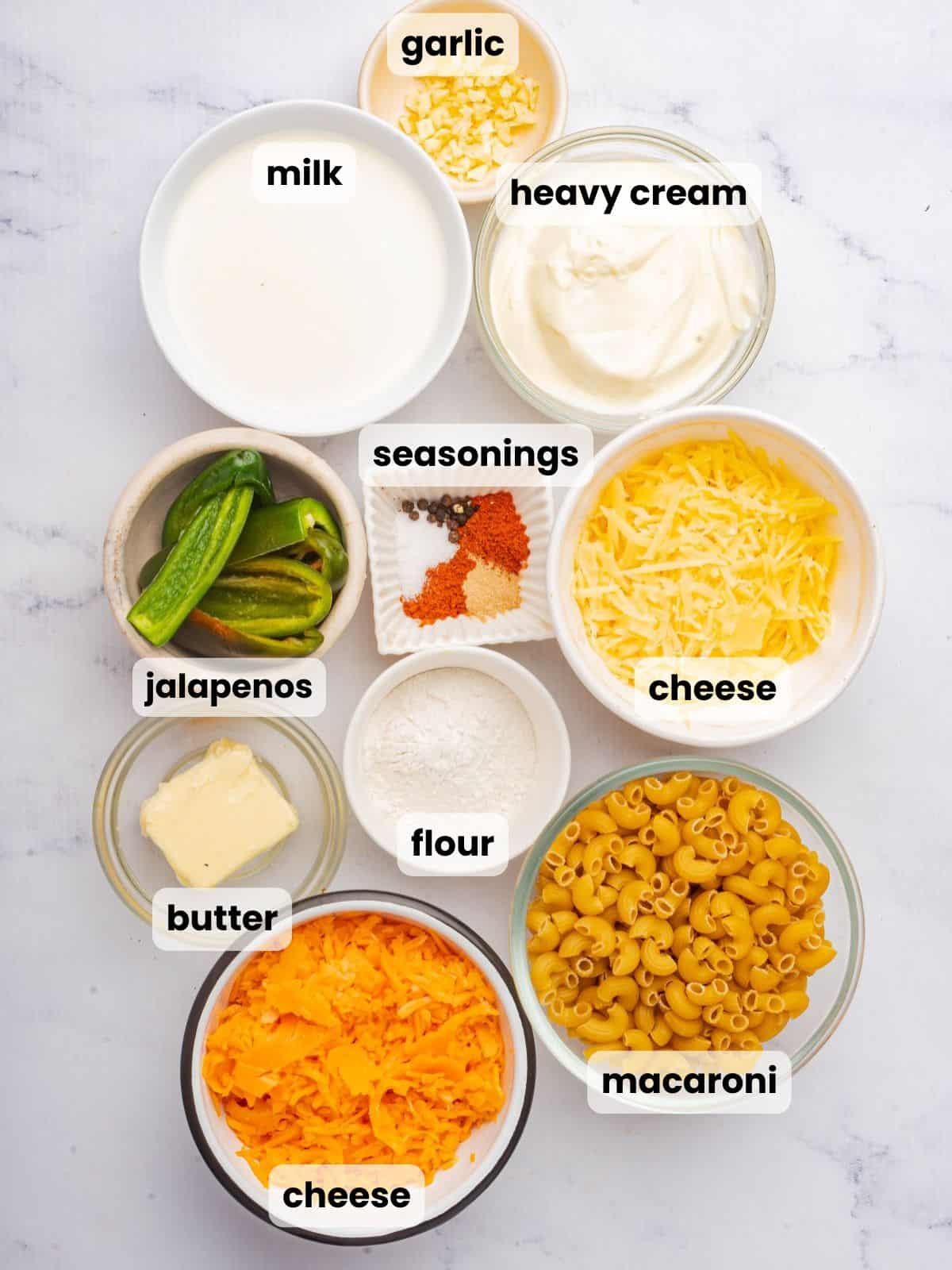 Ingredients needed to make spicy mac and cheese with jalapenos.