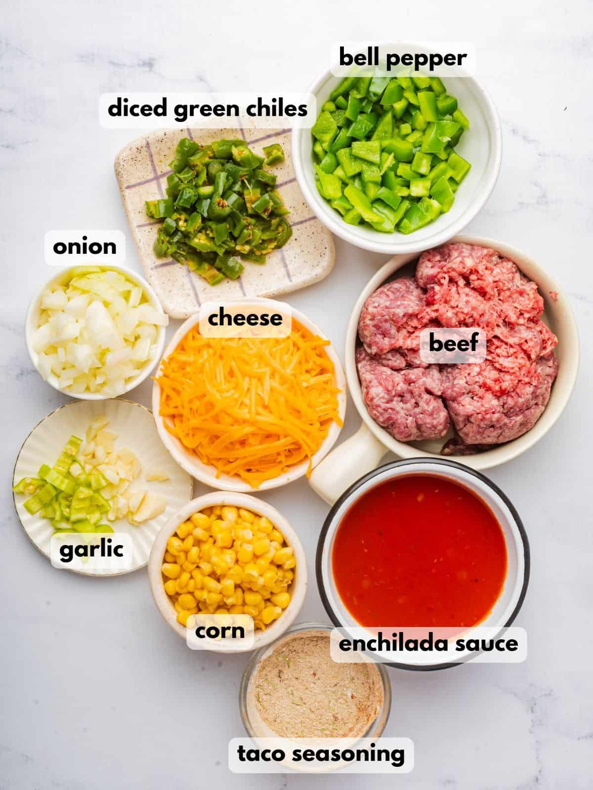 Ingredients for tamale pie recipe on a marble countertop.