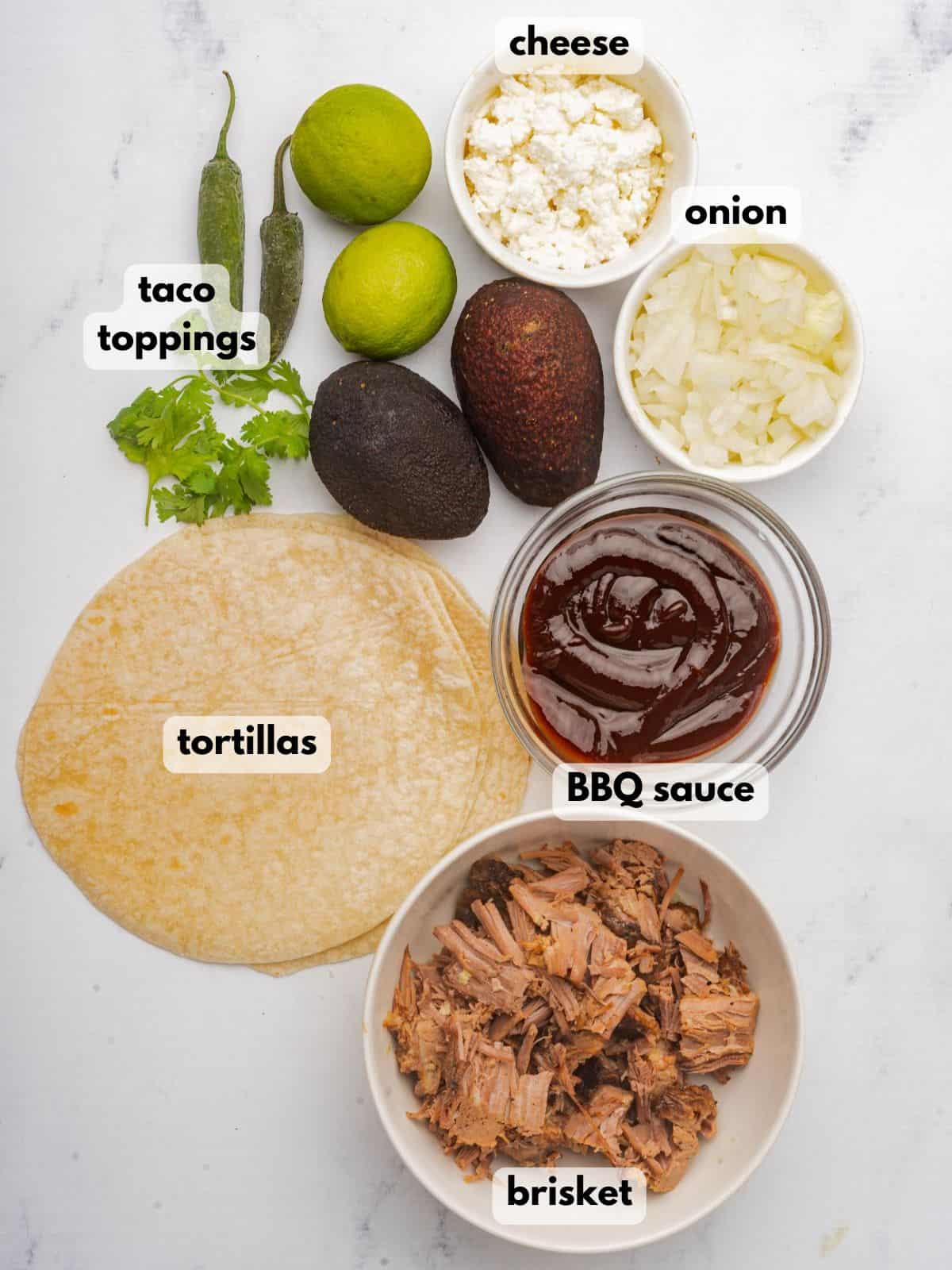 Ingredients needed to make these braised brisket tacos.