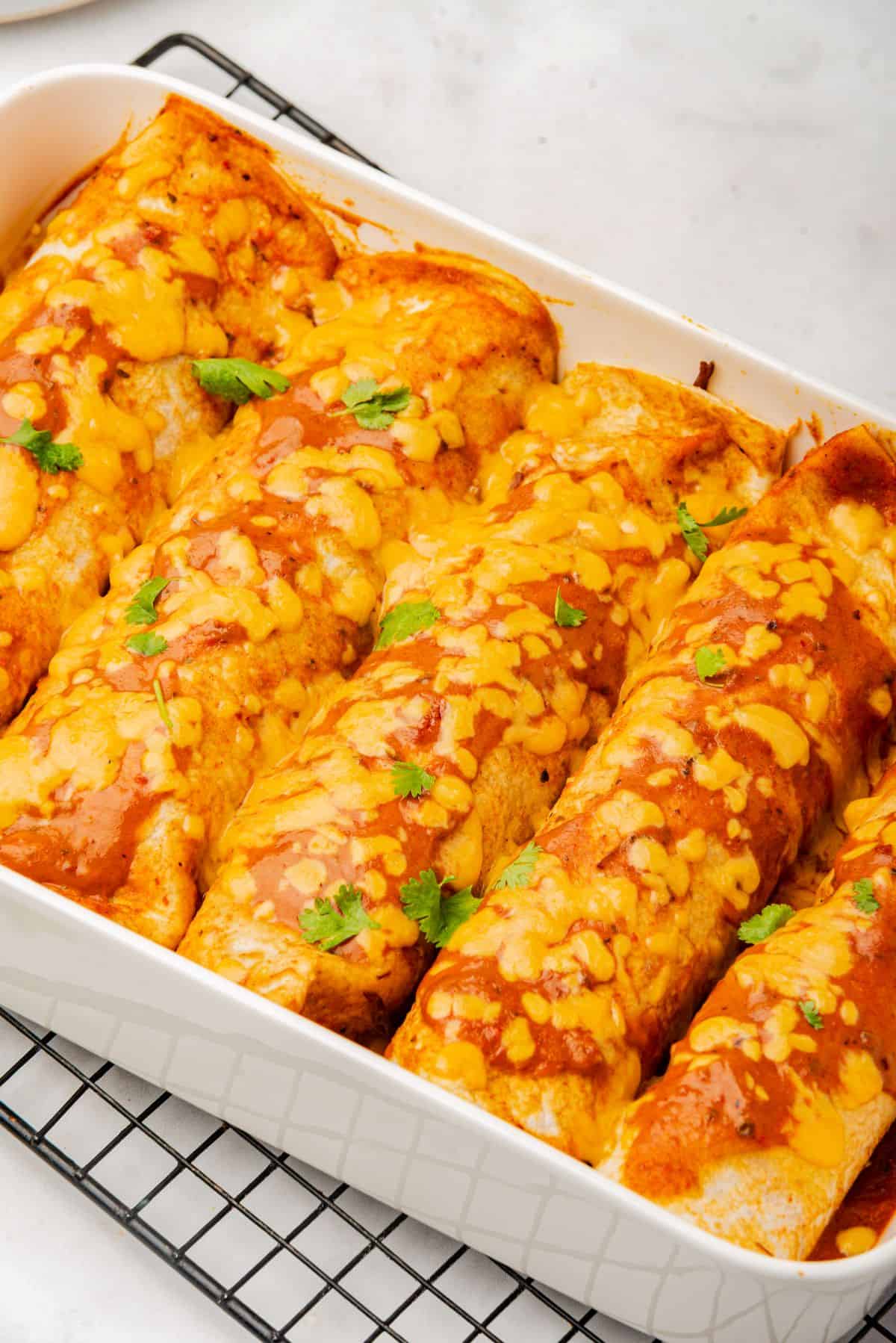 Brisket enchiladas with red sauce in a baking dish topped with cheese and cilantro.