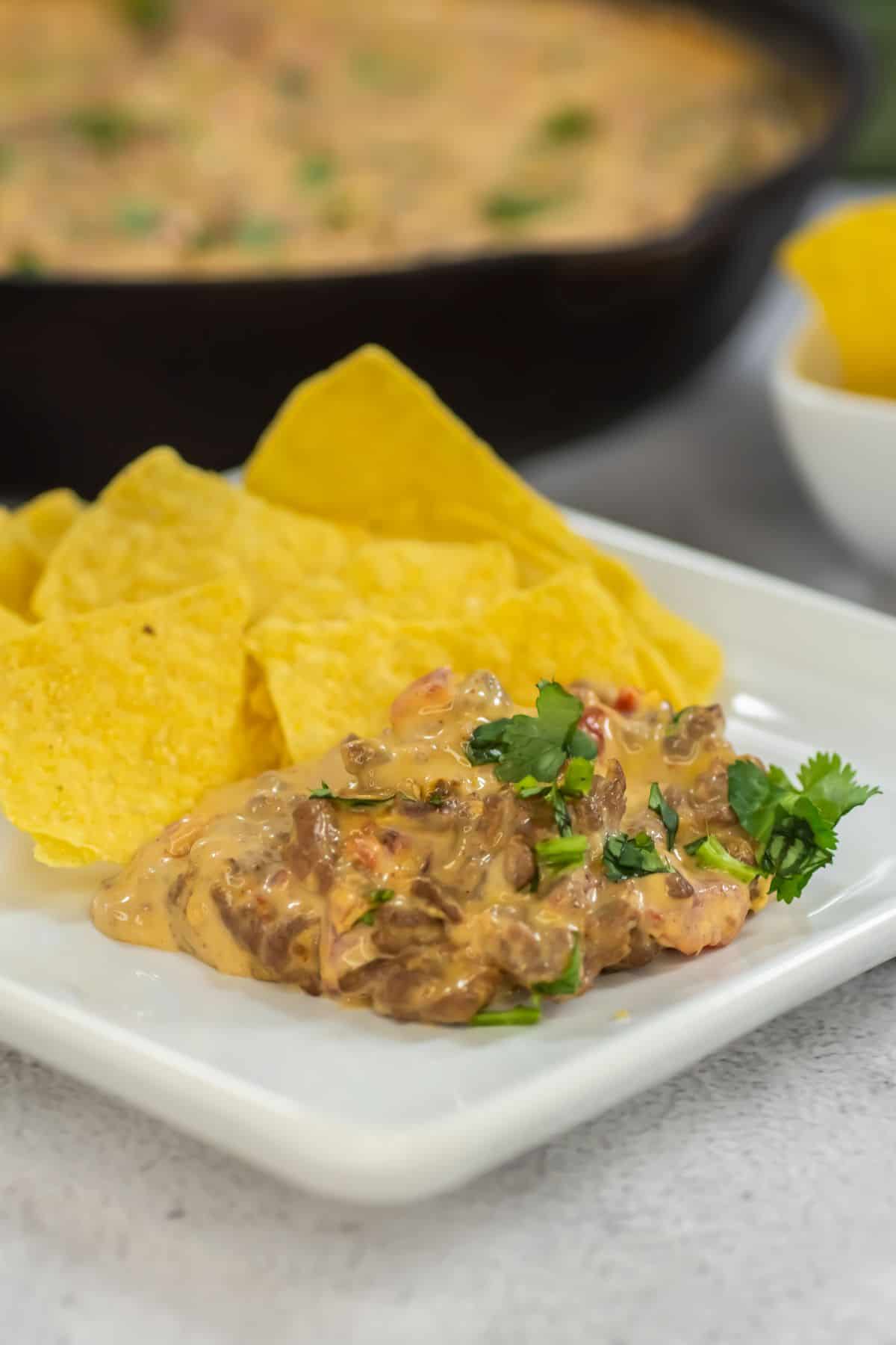 Beef queso dip on a plate with tortilla chips.