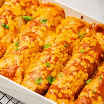 Brisket enchiladas with red sauce in a baking dish topped with cheese and cilantro.