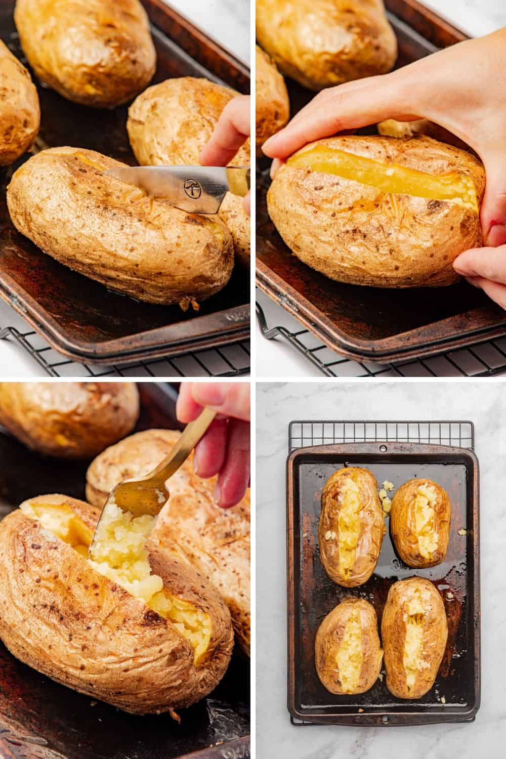 A knife slicing into a baked potato and fluffing the potato with a fork to get it ready to be stuffed.