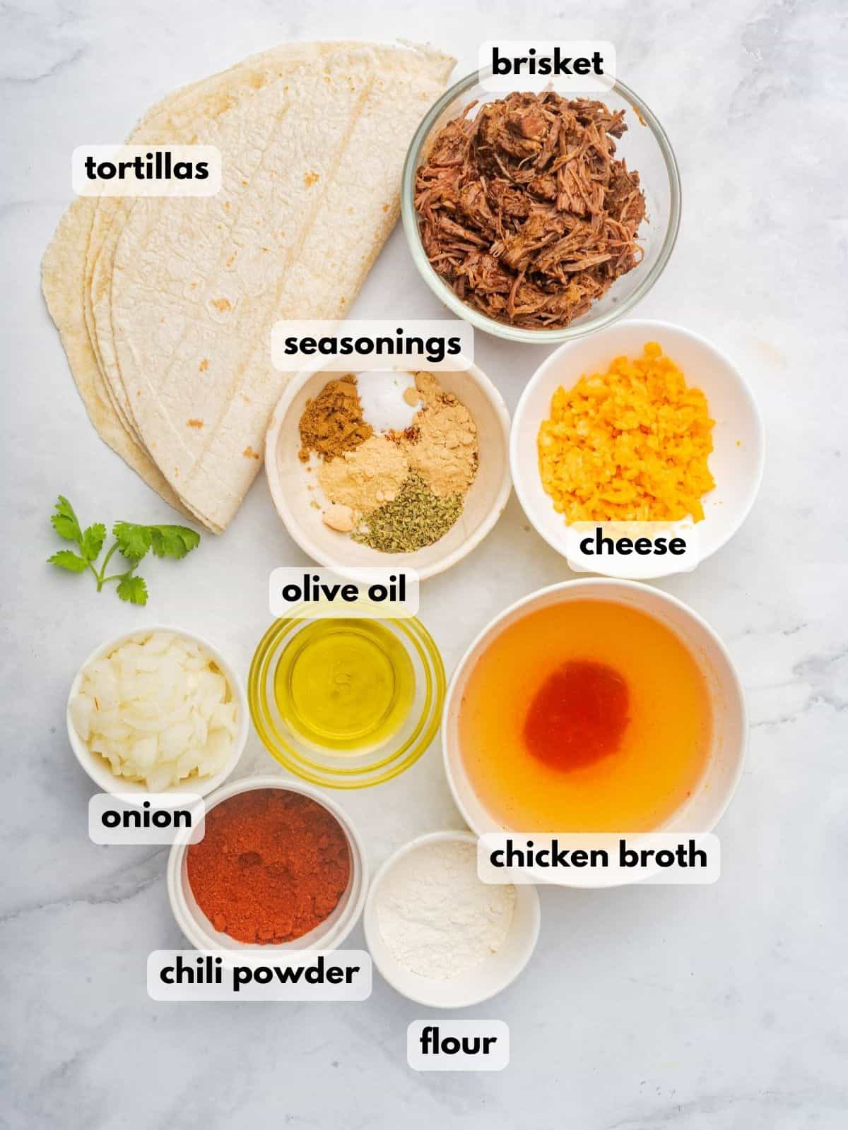 Ingredients needed to make this brisket enchiladas recipe.