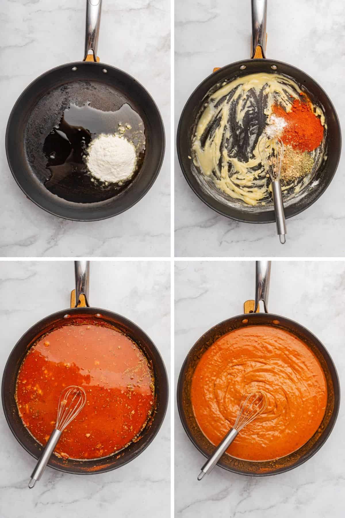 Four step by step photos of how to cook red enchilada sauce in a skillet.