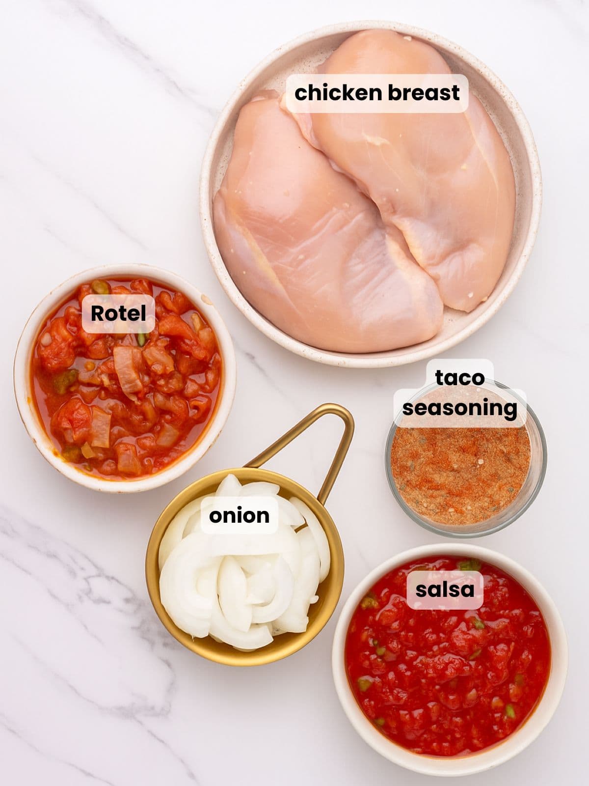 Ingredients needed to make this crockpot salsa chicken recipe.