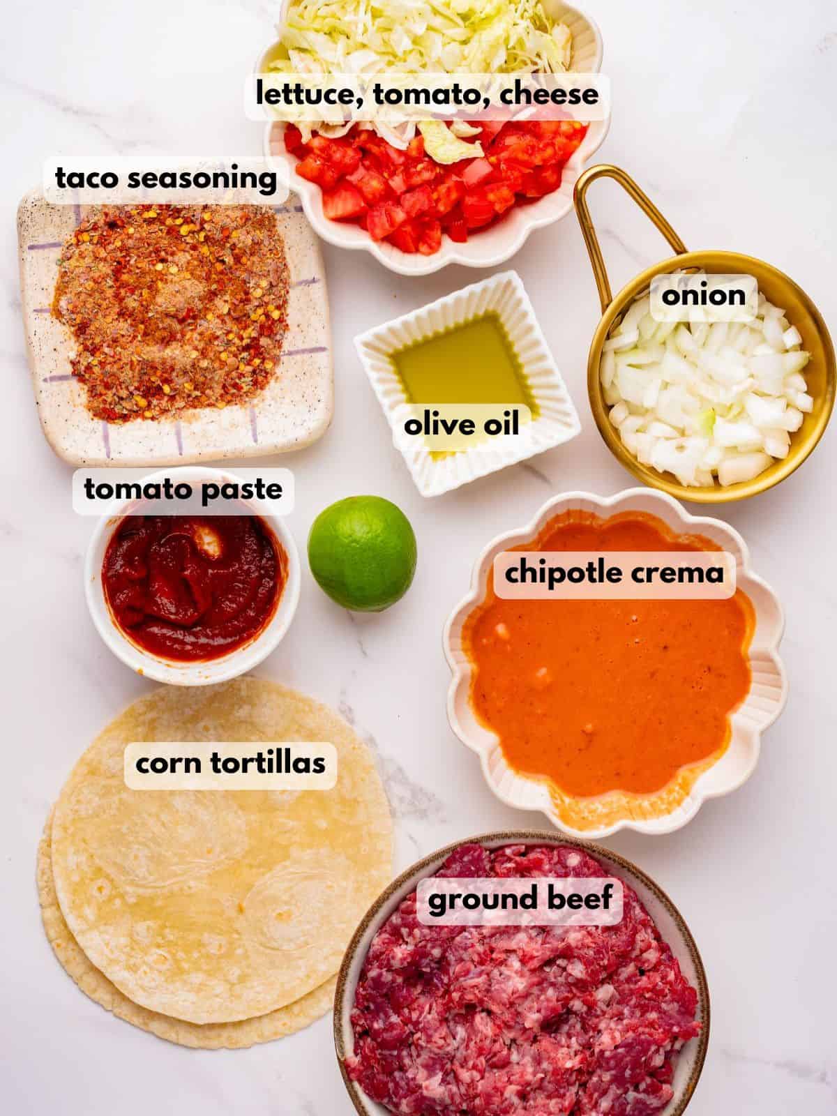 Ingredients needed to make this baked beef tacos recipe.