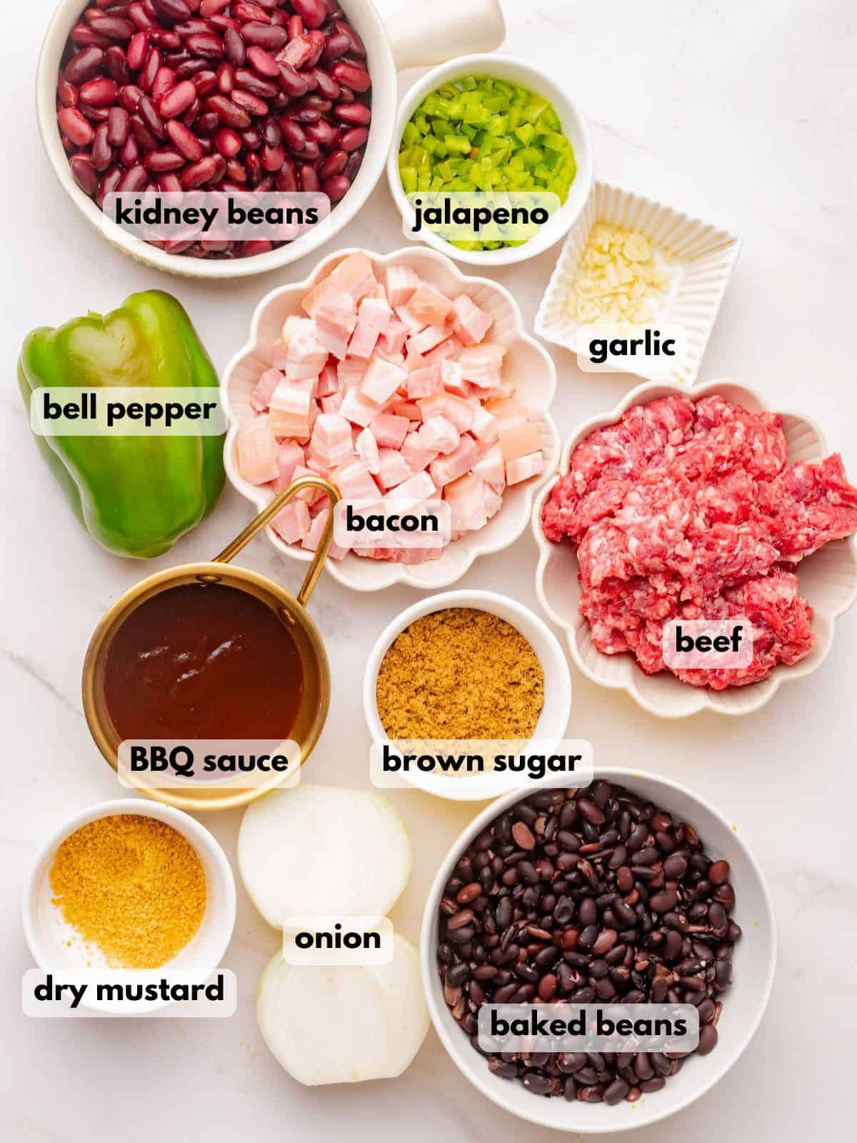 Ingredients needed to make this cowboy baked beans recipe.