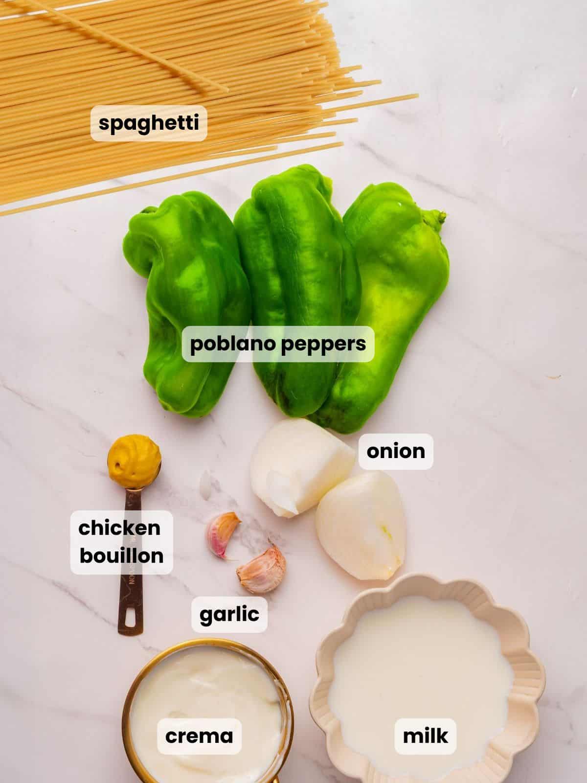 Ingredients needed to make this green spaghetti recipe.