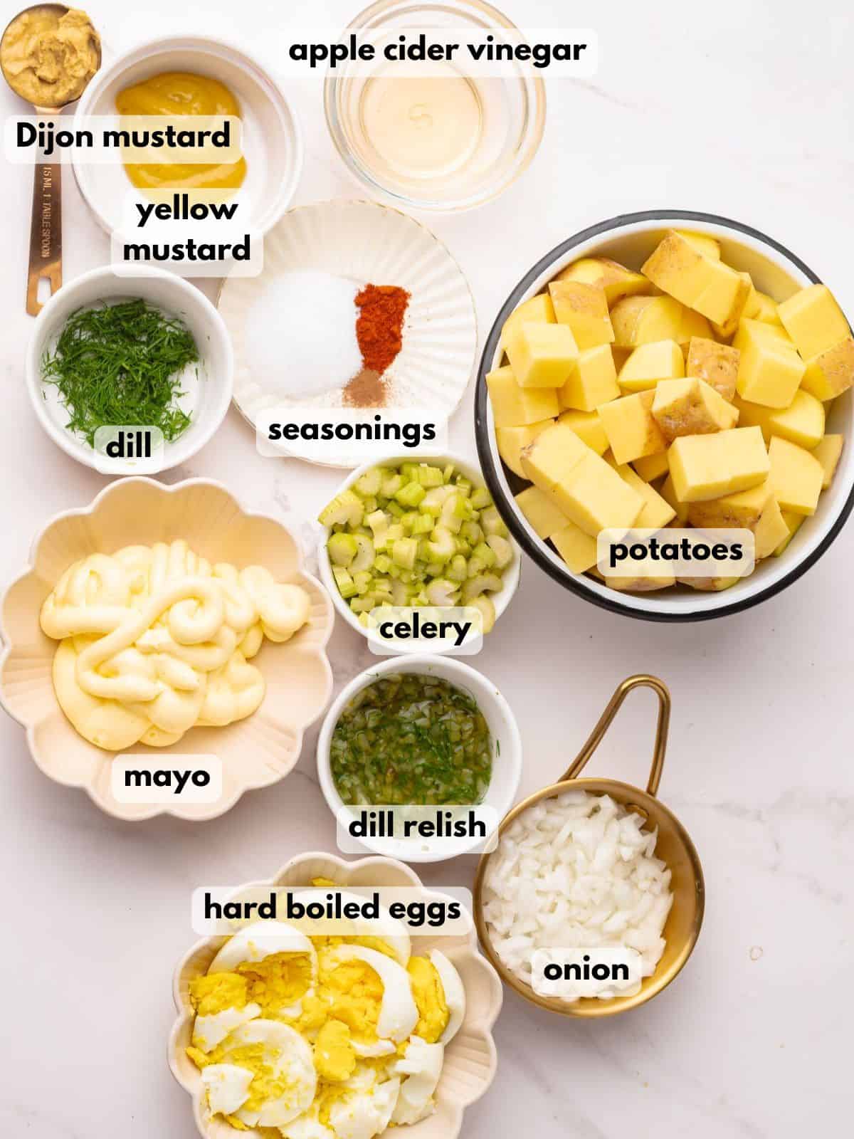 Ingredients needed to make this mustard potato salad recipe.