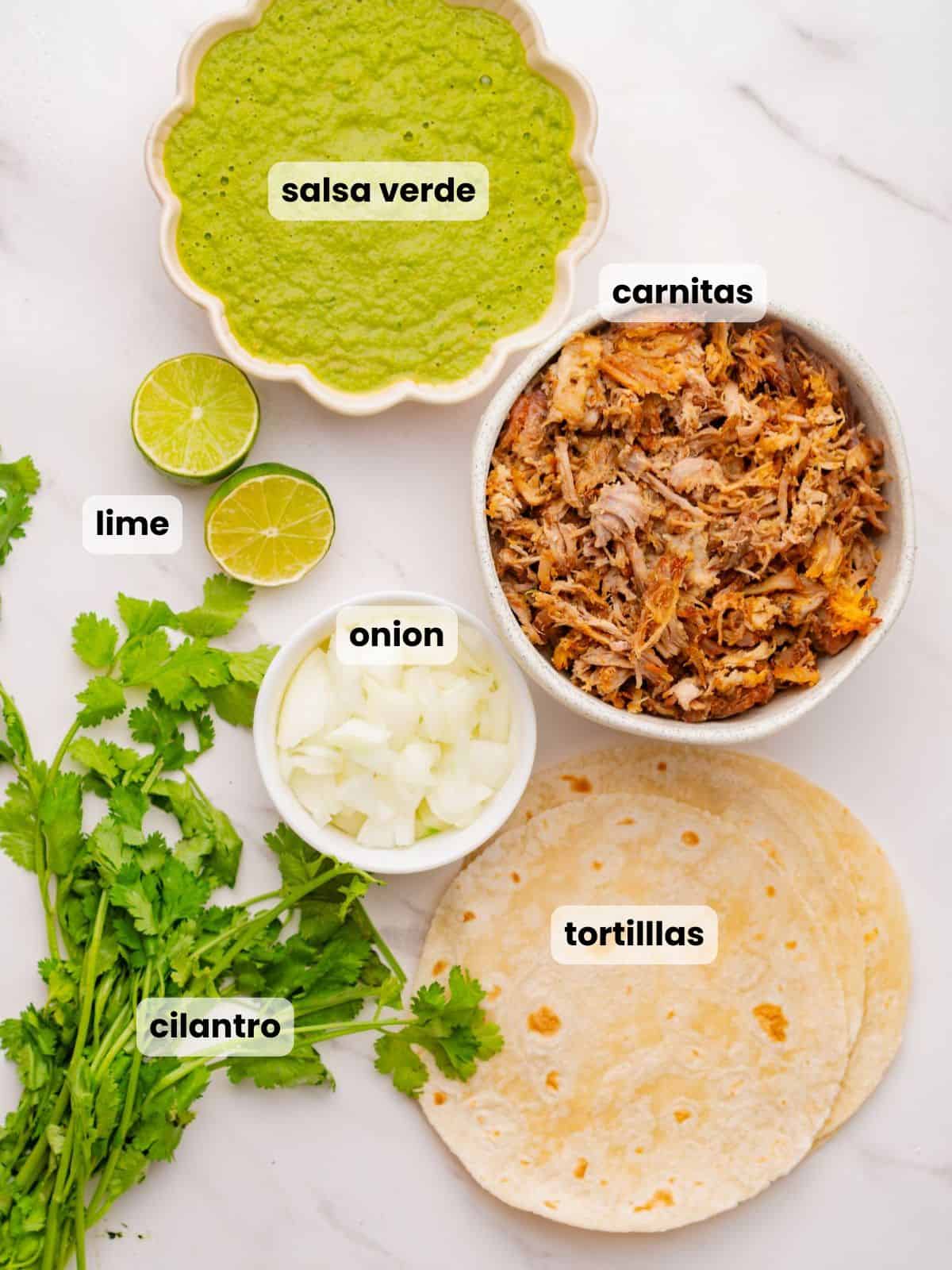 Ingredients needed to make this carnitas street tacos recipe.