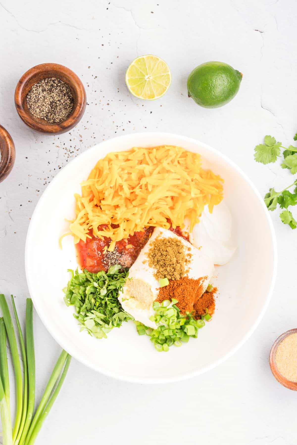 Cream cheese, sour cream, salsa, and spices in a mixing bowl.